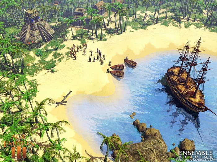 Age of Empires III screenshot of a tropical island settlement
