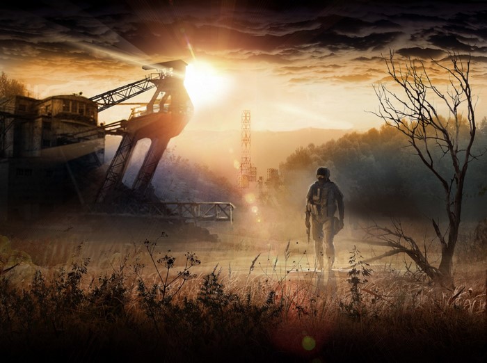 Stalker character walks near industrial structure at sunset