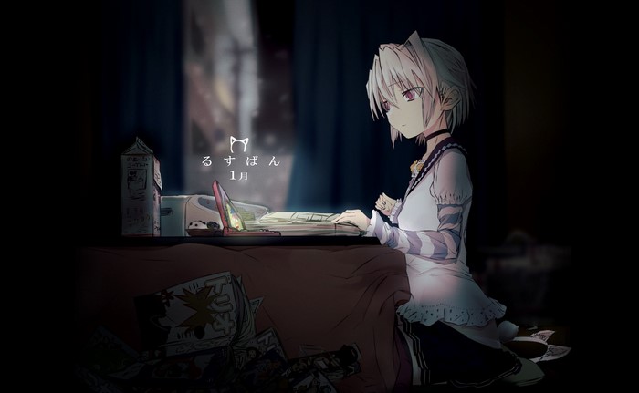 Anime girl with cat ears at a table