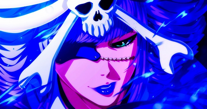 Anime character with skull and bones motif