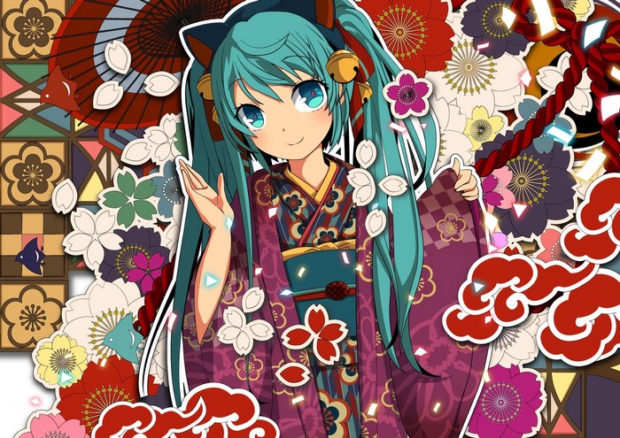 Hatsune Miku in Kimono with Japanese Patterns