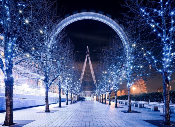London Eye at night with trees decorated with Christmas lights