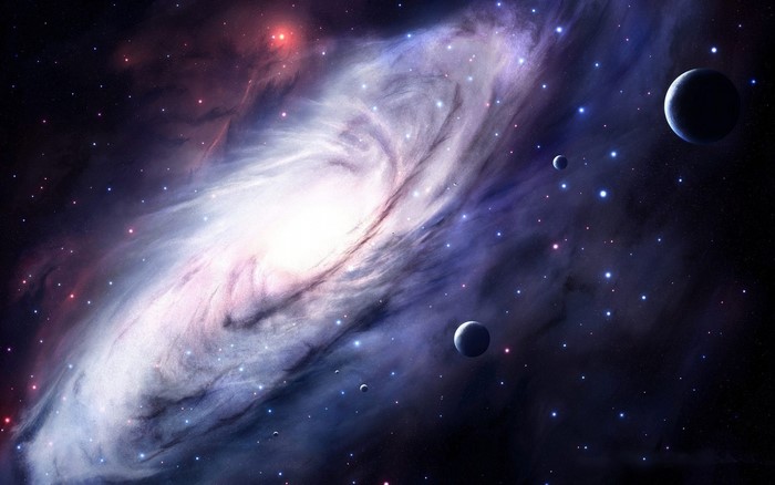 Spiral galaxy with planets and stars in deep space