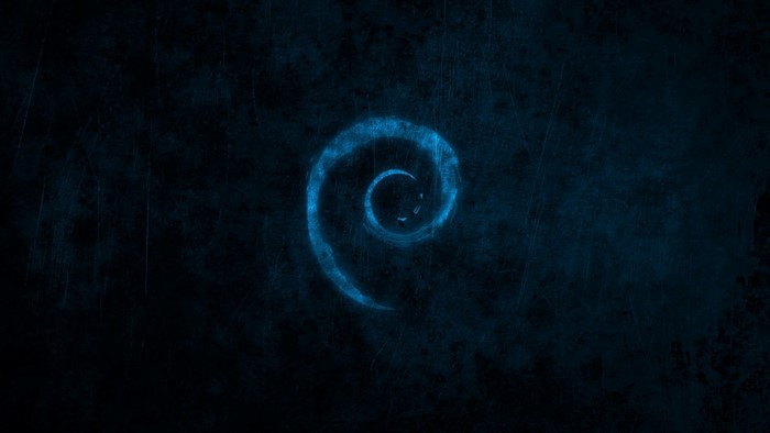 Debian Linux logo on a dark textured background
