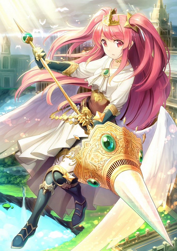 Anime girl with pink hair holding a spear