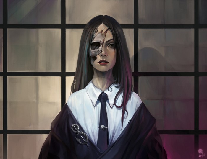 Artwork of a woman with half a skull face