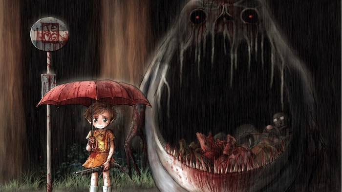 Horror Totoro: Girl with Umbrella and Shotgun at Bus Stop