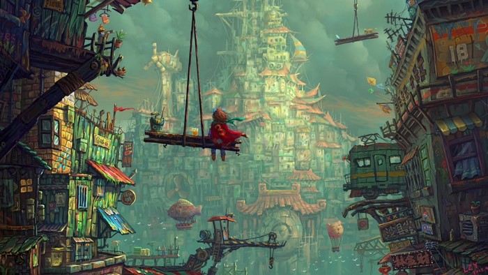 Fantasy city with a girl on a swing