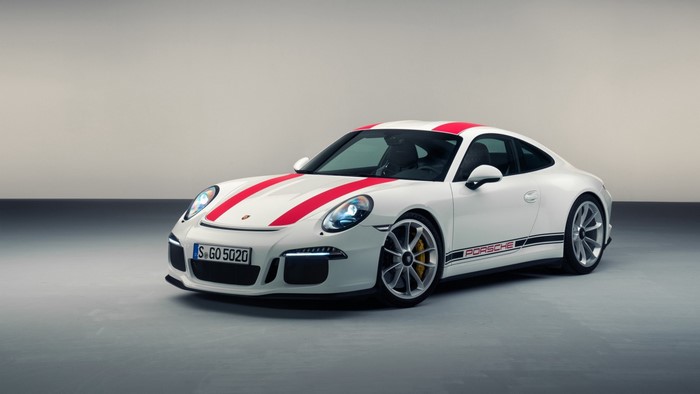 White Porsche 911 R with red stripes
