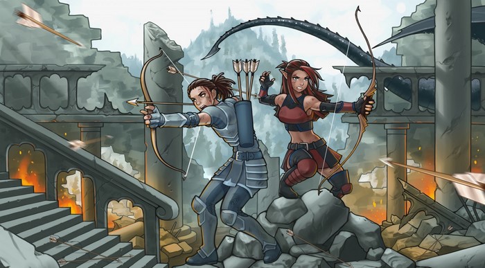 Two archers in a ruined fantasy landscape with a dragon