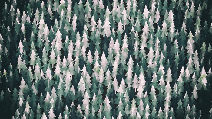 Aerial view of a dense forest with stylized trees