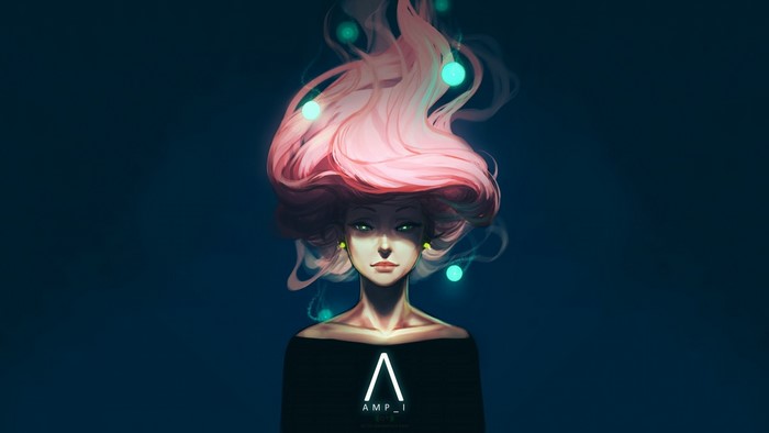 Woman with pink hair and glowing orbs