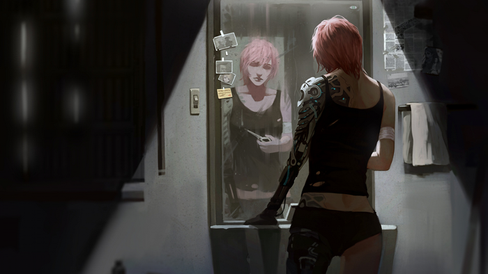 Cyberpunk woman with prosthetic arm looks in mirror