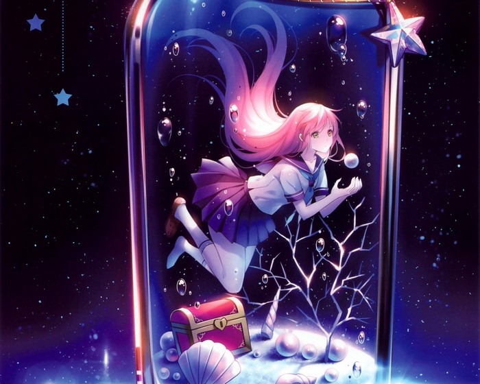 Anime girl with pink hair in a bottle