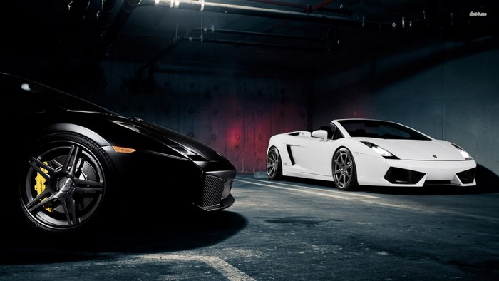 Two Lamborghinis, one black and one white, in a garage