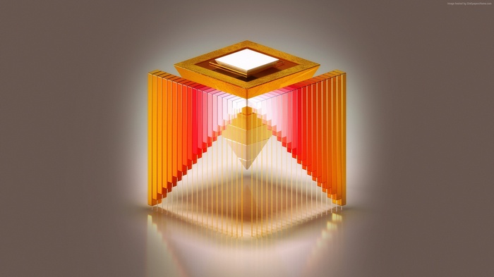 Abstract 3D cube with golden and red geometric shapes
