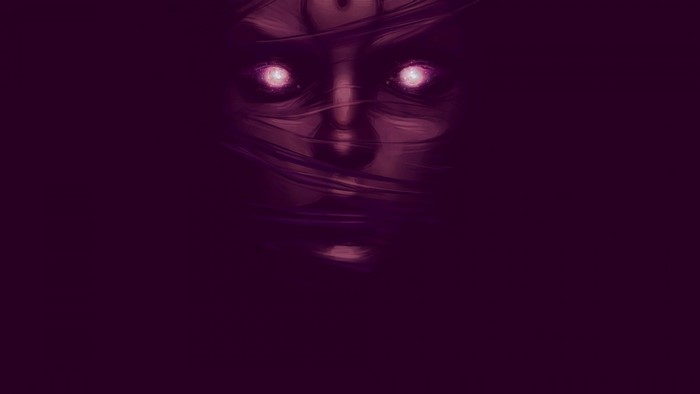 Illustration of a face with glowing eyes in darkness