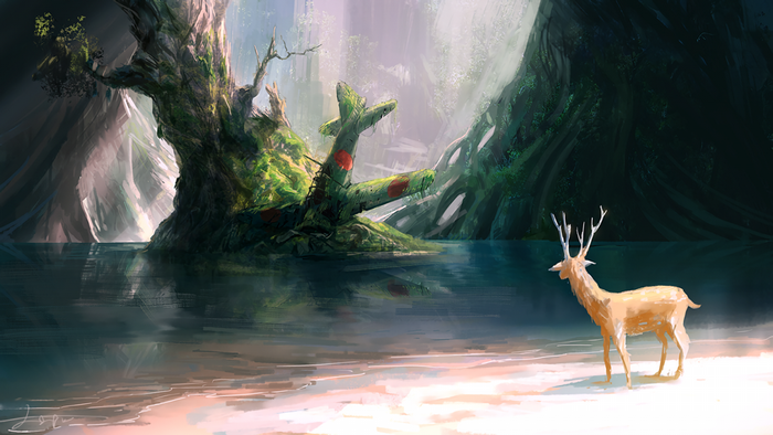 Deer by a crashed airplane in a mossy forest
