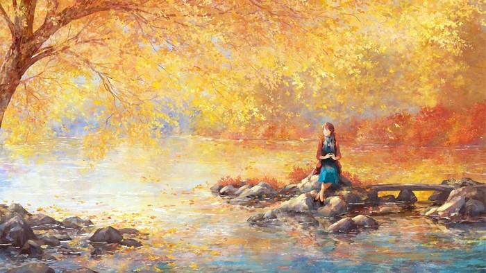 Impressionist painting of a girl by a lake in autumn