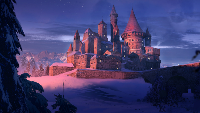 A winter castle at dusk with snow-covered mountains