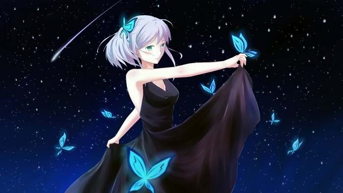 Anime girl in black dress with glowing butterflies at night