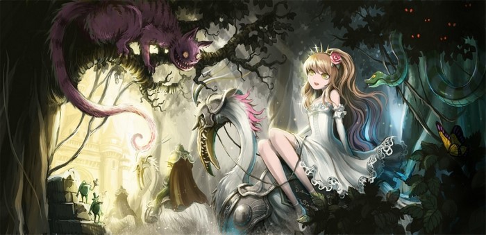 Anime illustration of Alice in Wonderland characters