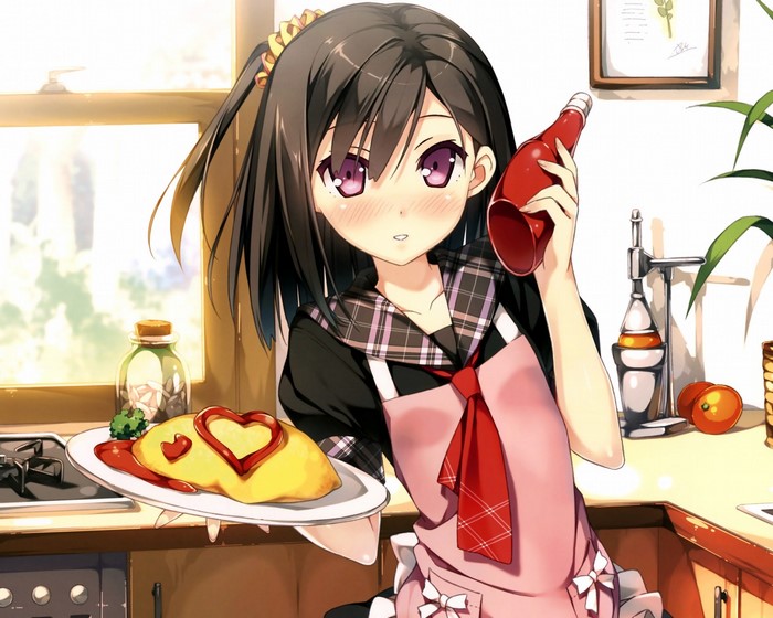 Anime girl with omurice and ketchup bottle