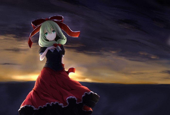 Anime girl with green hair and red bow