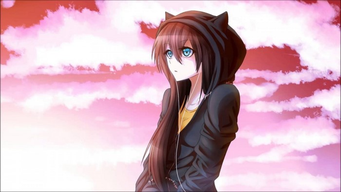 Anime girl with cat ears hoodie listening to music