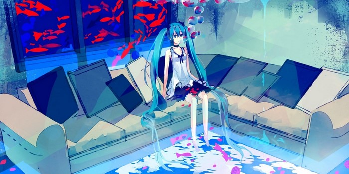 Hatsune Miku sitting on a couch with fish tanks