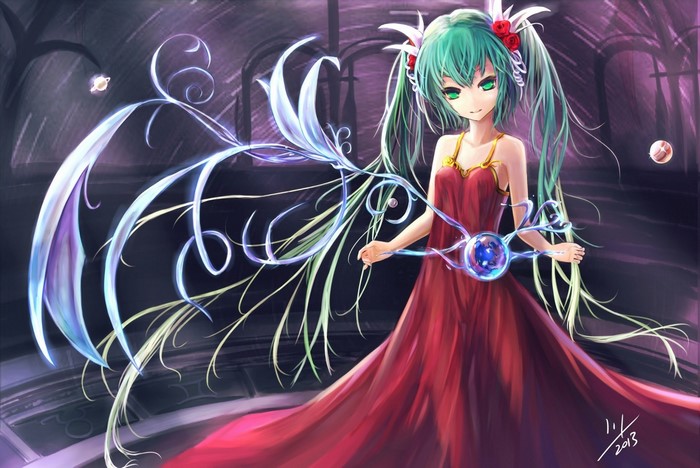 Anime girl with green hair and red dress