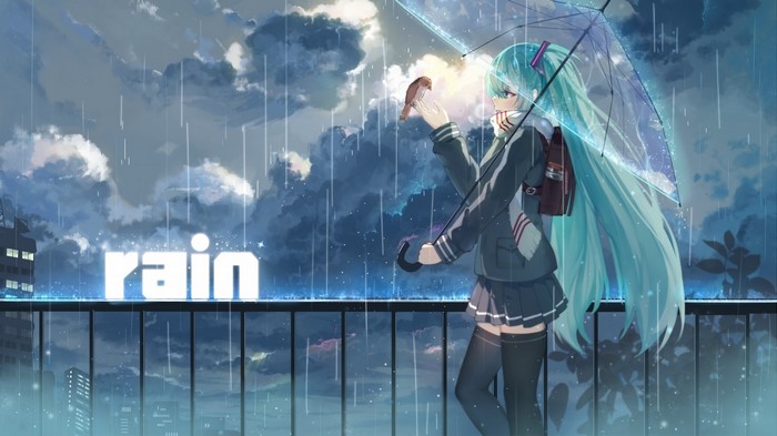 Anime girl with umbrella in the rain