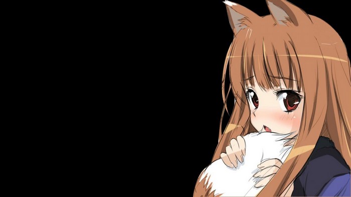 Holo from Spice and Wolf hugging a fluffy object