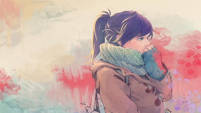 Anime girl with blue eyes and purple hair in a scarf