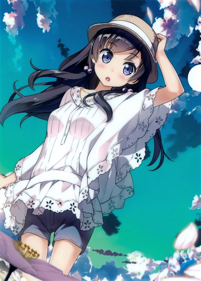 Anime girl with black hair wearing a hat and white top