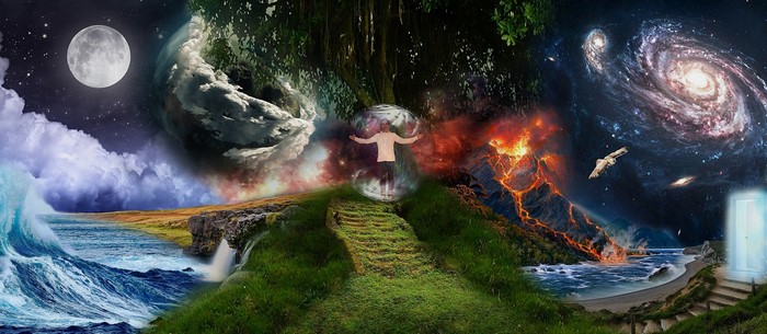 Collage of Earth, Moon, Galaxies, and Volcano