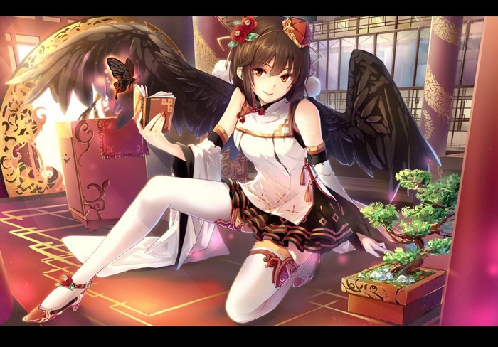 Shameimaru Aya from Touhou holding a book with a butterfly