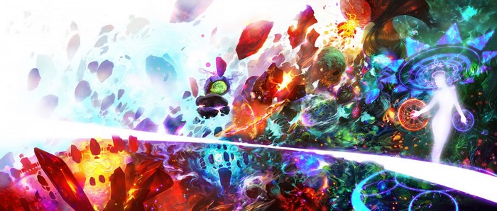 Abstract colorful cosmic explosion with glowing figures