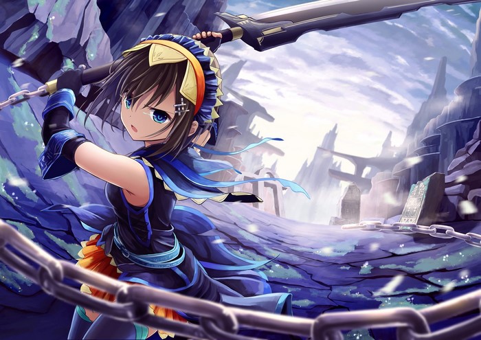 Anime girl with sword and chains in ruins