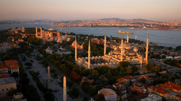 Aerial view of Hagia Sophia and Blue Mosque in Istanbul at sunset