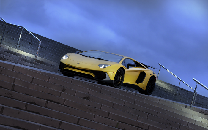 Yellow Lamborghini Aventador on Modern Stairs
