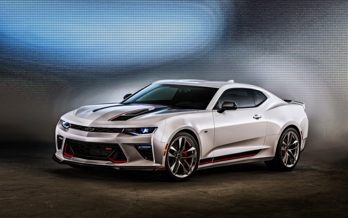 White Chevrolet Camaro SS with racing stripes