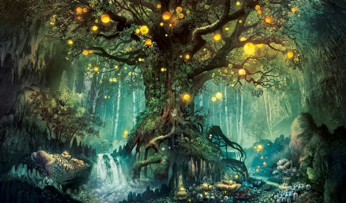 Enchanted Glowing Tree in Mystical Forest Cave