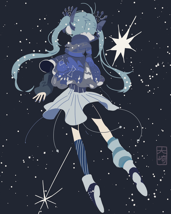 Hatsune Miku in a starry night sky