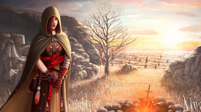 Female character from Dark Souls II near a bonfire