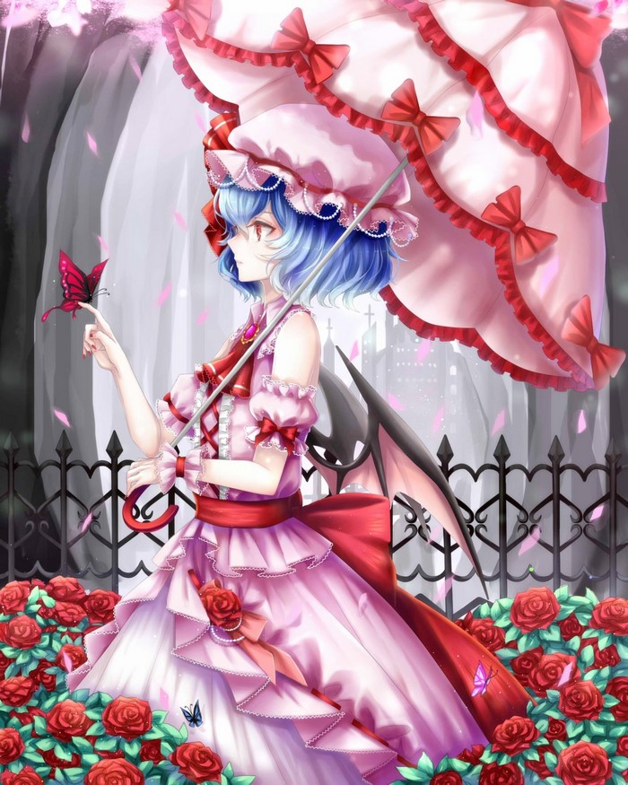 Remilia Scarlet from Touhou holding a butterfly
