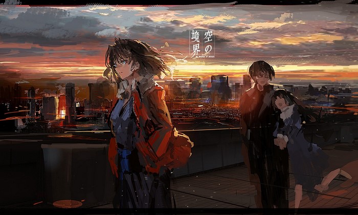 Kara no Kyoukai characters on a rooftop at sunset