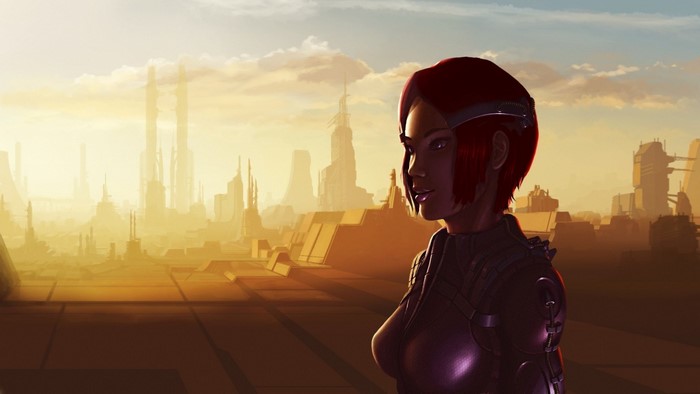Woman in futuristic city at sunset