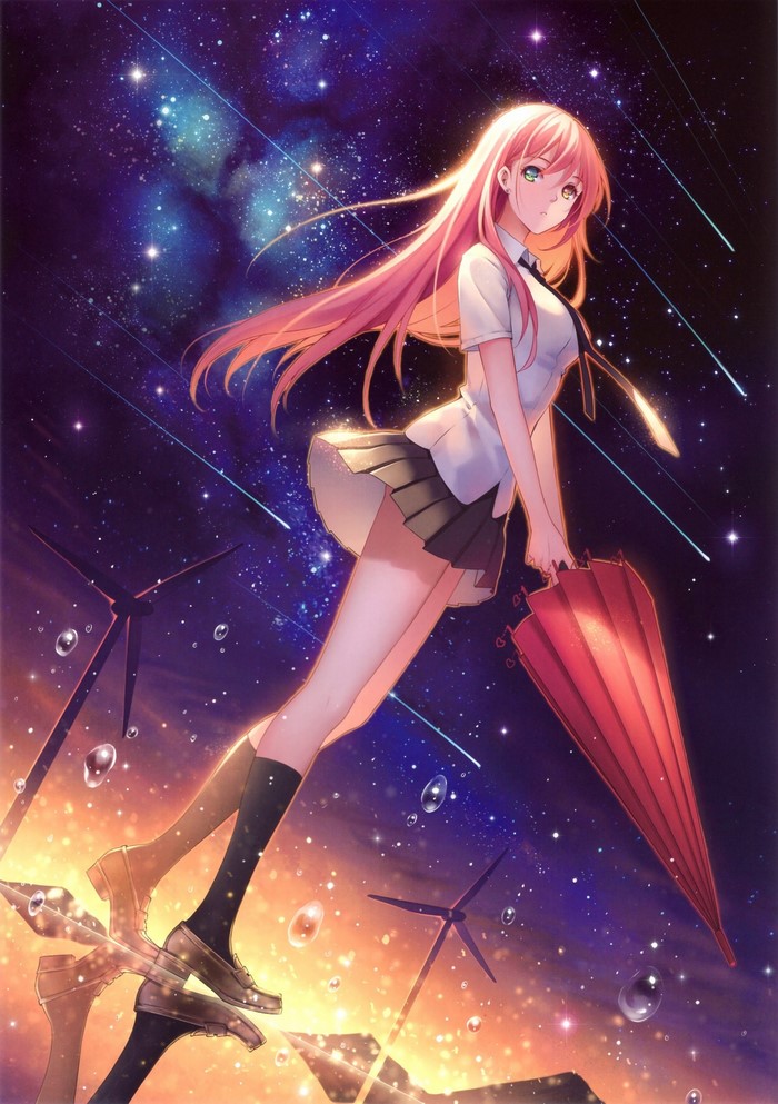 Anime girl with pink hair and heterochromia holding an umbrella