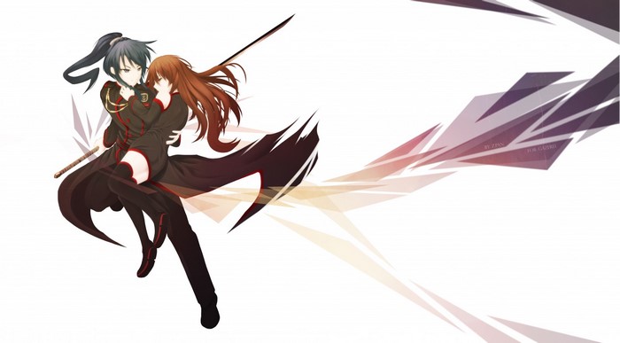 Two anime girls in uniform with swords